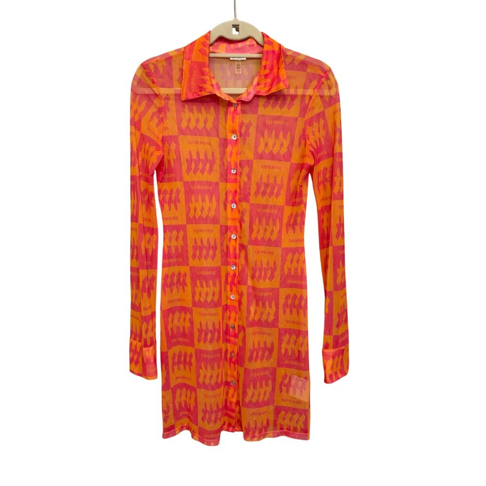 Inamorata Sheer Mesh Mini Shirt Dress L Pink Orange Checkerboard Y2K Lightweight